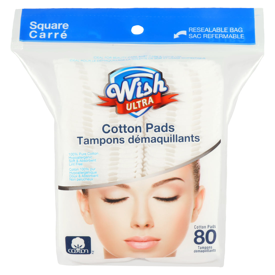 Wish Ultra Cotton Pads – 80 Count (Resealable Bag)