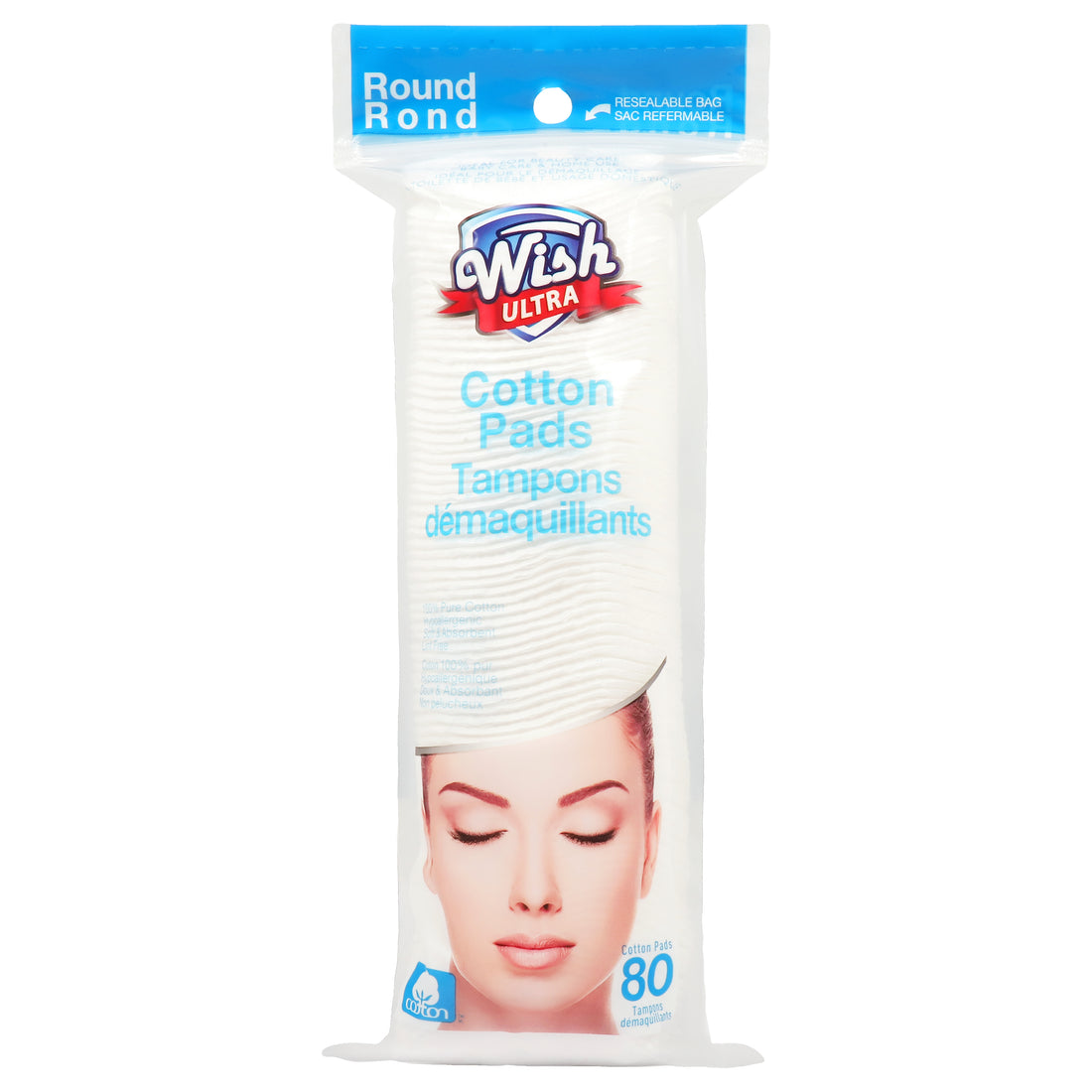 Wish Ultra Cotton Pads Round – 80 Count (Resealable Bag)