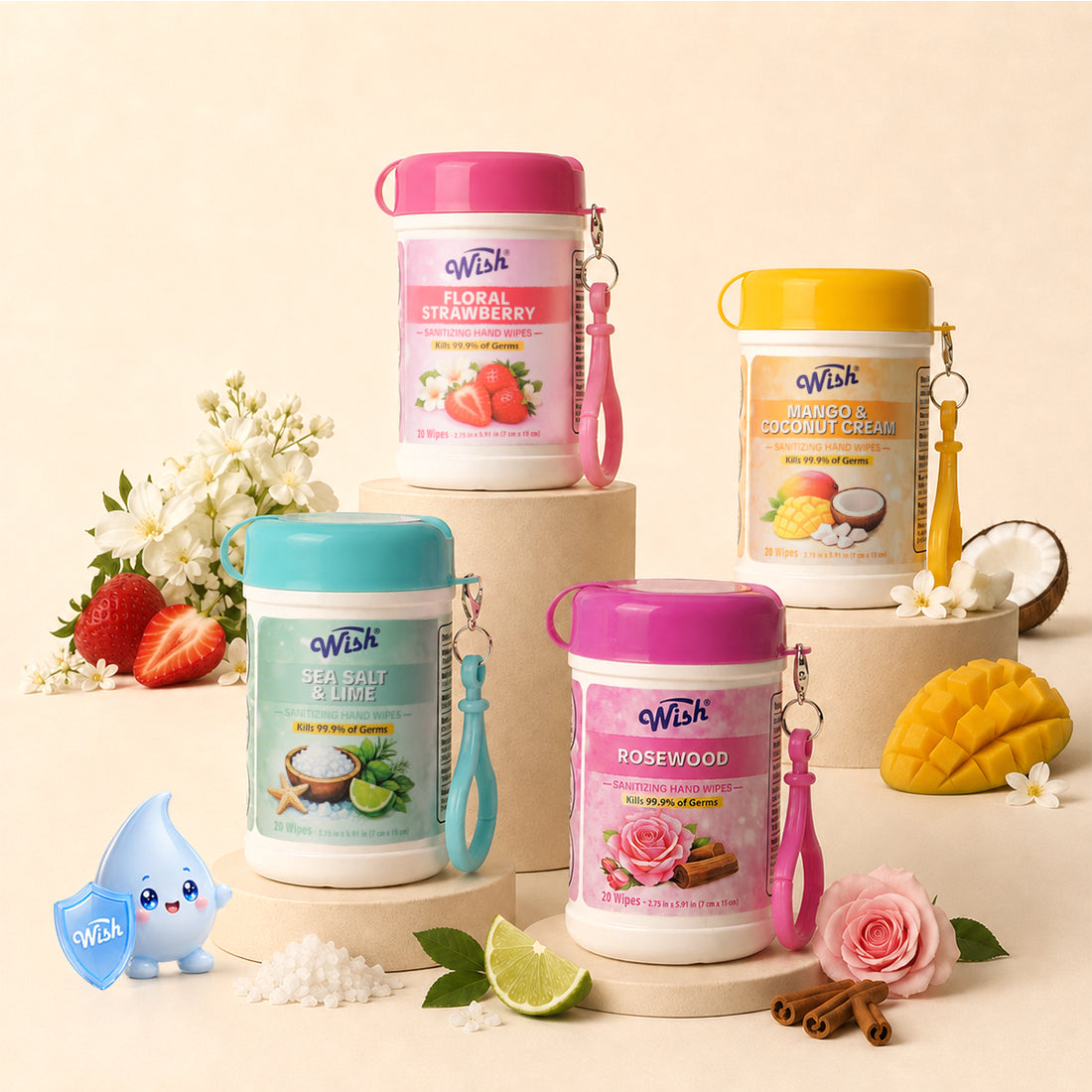 Floral & Fruity Sanitizing Hand Wipes with Clip – 4-Pack (80 Wipes)