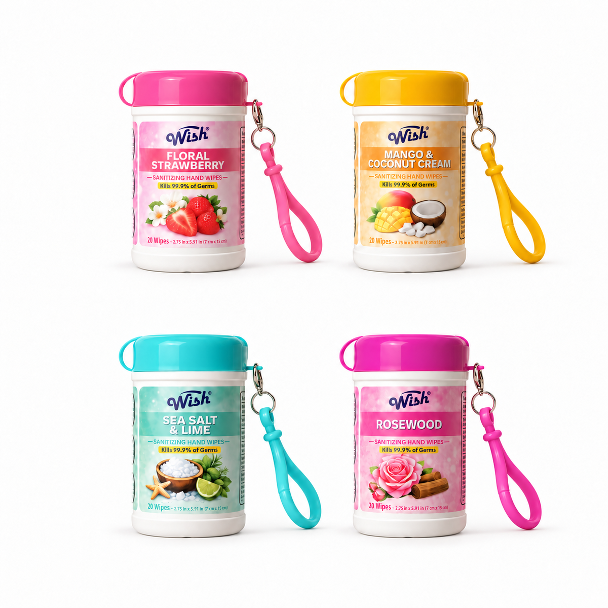 Floral & Fruity Sanitizing Hand Wipes with Clip – 4-Pack (80 Wipes)