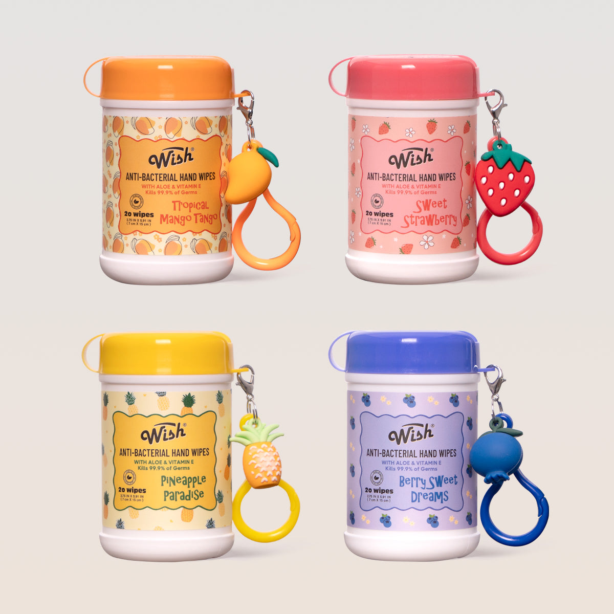Cute Fruit Mix Sanitizing Hand Wipes with Carabiner – 20 Ct Each, Pack of 4