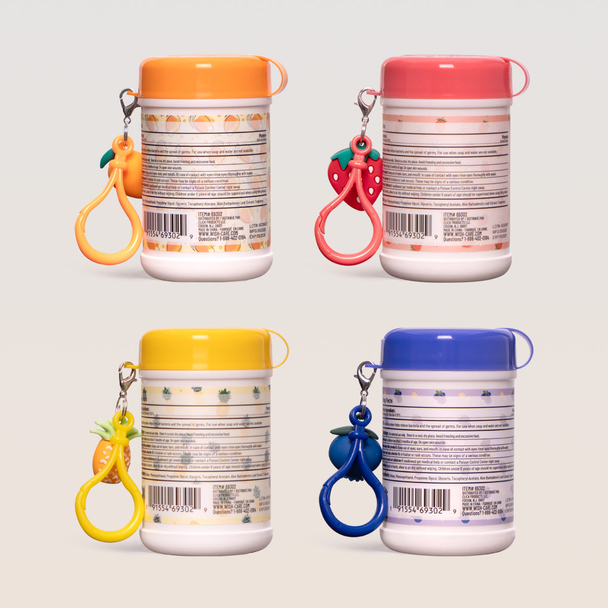 Cute Fruit Mix Sanitizing Hand Wipes with Carabiner – 20 Ct Each, Pack of 4
