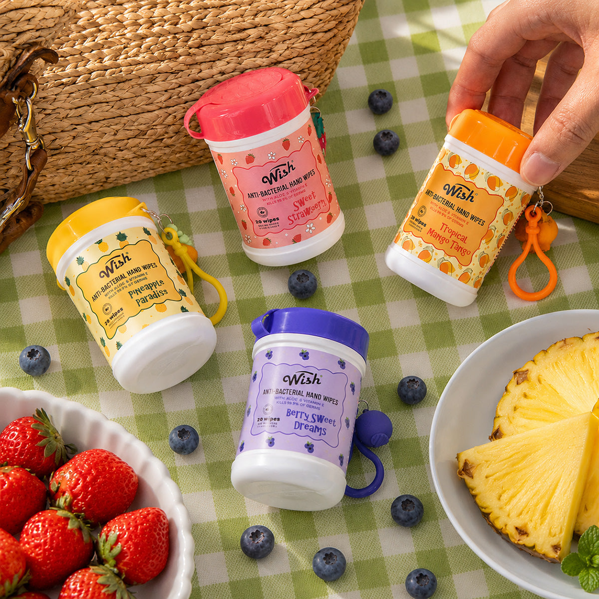 Cute Fruit Mix Sanitizing Hand Wipes with Carabiner – 20 Ct Each, Pack of 4