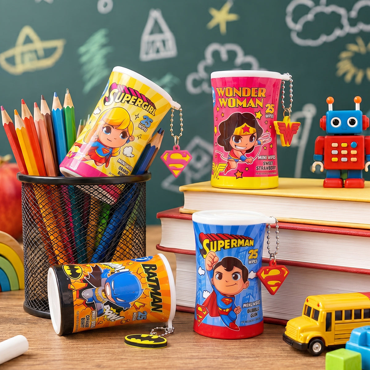 Superhero Mini Travel Wipes with Keychain - Scented Kids Wet Wipes – 25 Ct Each, Pack of 4